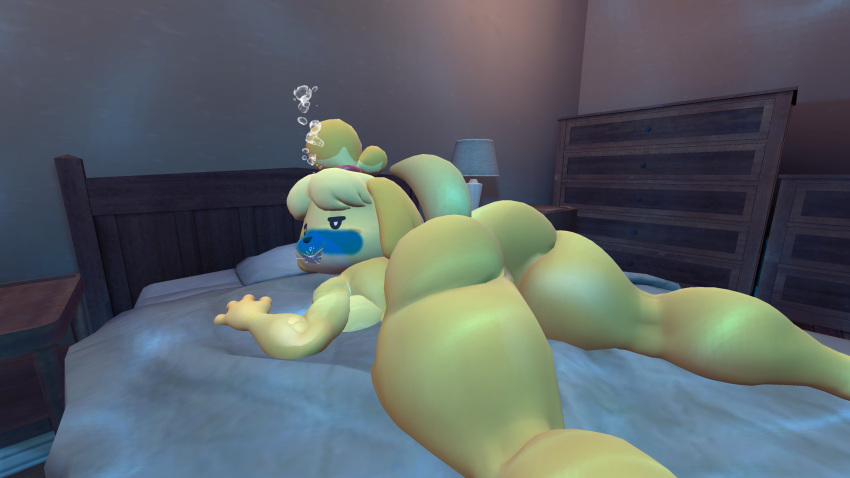 1girl 3d 3d_(artwork) air_bubbles animal_crossing anthro asphyxiation ass bedroom big_ass blue_blush blush bubbles domestic_dog drowning female flooded furry half-closed_eyes inhaling isabelle_(animal_crossing) nintendo nude on_bed shih_tzu sideboob solo source_filmmaker tailscookie thick_thighs thighs tired tired_eyes underwater water