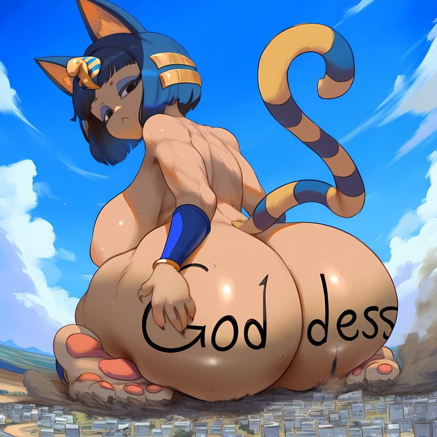 1girl 6164 ai_generated animal_crossing ankha ankha_(animal_crossing) anthro ass ass_focus ass_grab ass_worship breasts bubble_butt cat_ears cat_tail city dat_ass destruction domestic_cat enormous_ass female furry giantess gigantic_ass huge_ass huge_breasts macro nai_diffusion nintendo nipples nude sideboob solo