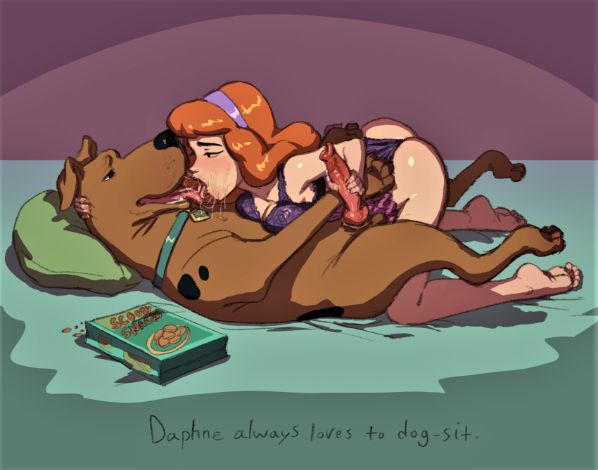 2021 animal_genitalia animal_penis ass bestiality bra breasts canid canine canine_genitalia canine_penis canis daphne_blake domestic_dog drooling duo erect_penis eye_contact feet female_on_feral feral french_kiss genitals hair handjob hanna-barbera high_res hindpaw human human_on_feral interspecies kissing knot licking looking_at_another male male/female mammal open_mouth orange_hair panties pawpads paws pears_(artist) penis saliva saliva_string scooby scooby-doo scooby_snacks sex sloppy_kiss teen thighs toes tongue tongue_out zoophilia