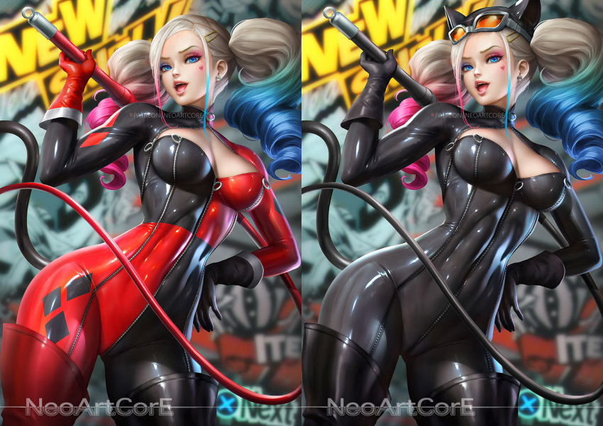 2_girls adapted_costume alternate_costume anne_takamaki asymmetrical_clothes asymmetrical_gloves atlus batman_(series) black_bodysuit black_gloves blonde_female blonde_hair blue_eyes blue_hair bodysuit boots breasts cat cat_costume cat_mask cat_tail catwoman catwoman_(cosplay) cleavage cleavage_cutout cosplay dc_comics dcau drill_hair dual_persona earrings eyeshadow facial_mark female_only gloves gradient gradient_hair hair_ornament hairclip half-closed_eyes hand_on_hip harleen_quinzel harley_quinn harley_quinn_(cosplay) heart heart_facial_mark holding holding_weapon holding_whip jewelry lips lipstick long_hair looking_at_viewer makeup mask medium_breasts multicolored_bodysuit multicolored_clothes multicolored_hair multiple_girls multiple_views neoartcore open_mouth persona persona_5 pink_hair pink_lipstick red_bodysuit red_gloves round_teeth selina_kyle smile standing stud_earrings suicide_squad tail takamaki_anne teeth thick_thighs thigh_high_boots thighs three-tone_hair tied_hair tongue twin_drills twin_tails upper_teeth upper_teeth_only weapon whip zipper