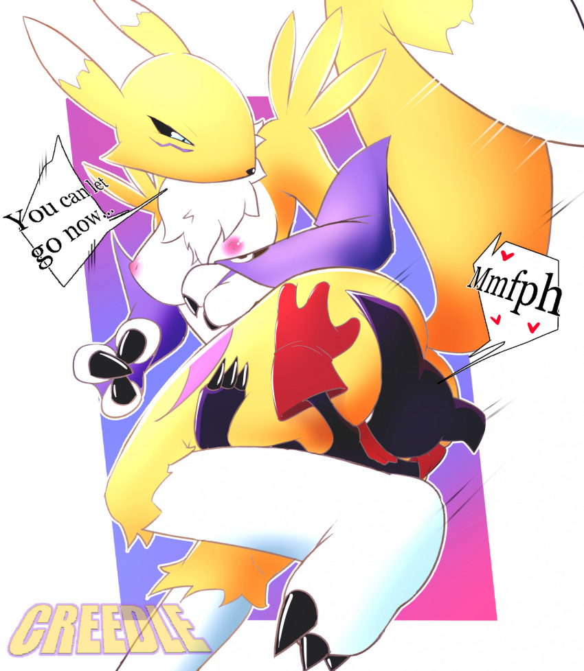 1boy 1girl ass bandai_namco creedle digimon female furry impmon male nude renamon thighs