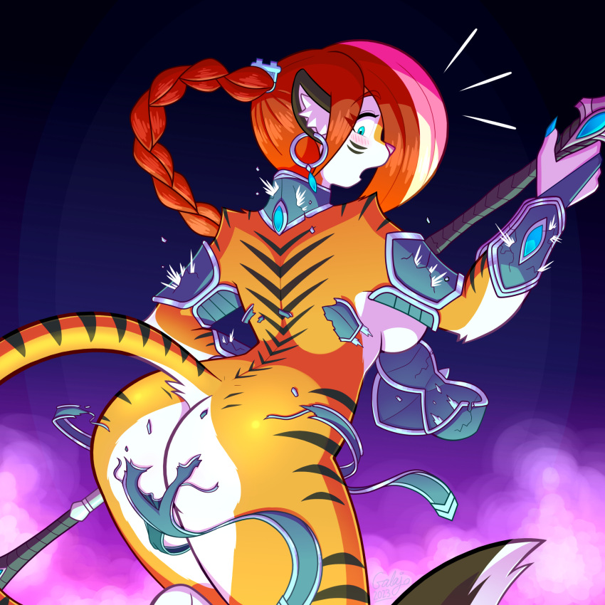 1girl anthro armor ass blush broken_armor destroyed_clothing embarrassed furry galajo red_hair surprised thick_thighs tiger wardrobe_malfunction weapon