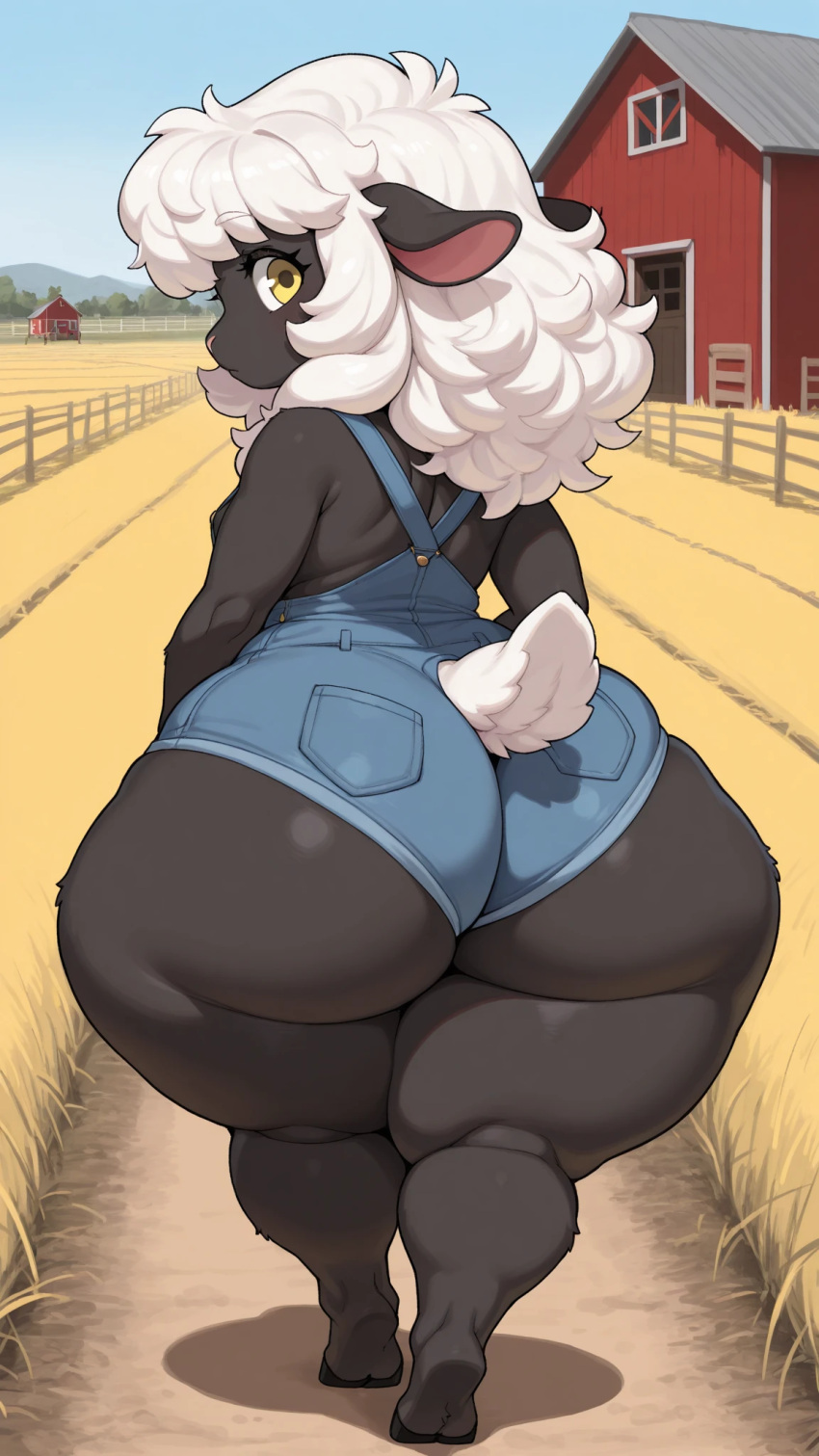 1girl ai_generated animal_ears animal_tail anthro anthro_female anthro_focus anthro_only back_view big_ass black_body blue_sky cub cub_female farm farm_background farm_girl farmgirl fat_ass female_anthro female_cub female_focus female_only fence field fluffy_hair furry furry_female furry_only hooved_toes hooves looking_back looking_back_at_viewer medium_hair overall_shorts overalls overalls_only rear_view sheep sheep_ears sheep_girl sheep_tail sheepgirl shortstack sky slim_waist small_breasts soft_hair tagme tail thick_thighs walking white_hair wool wool_hair yellow_eyes young young_anthro young_female