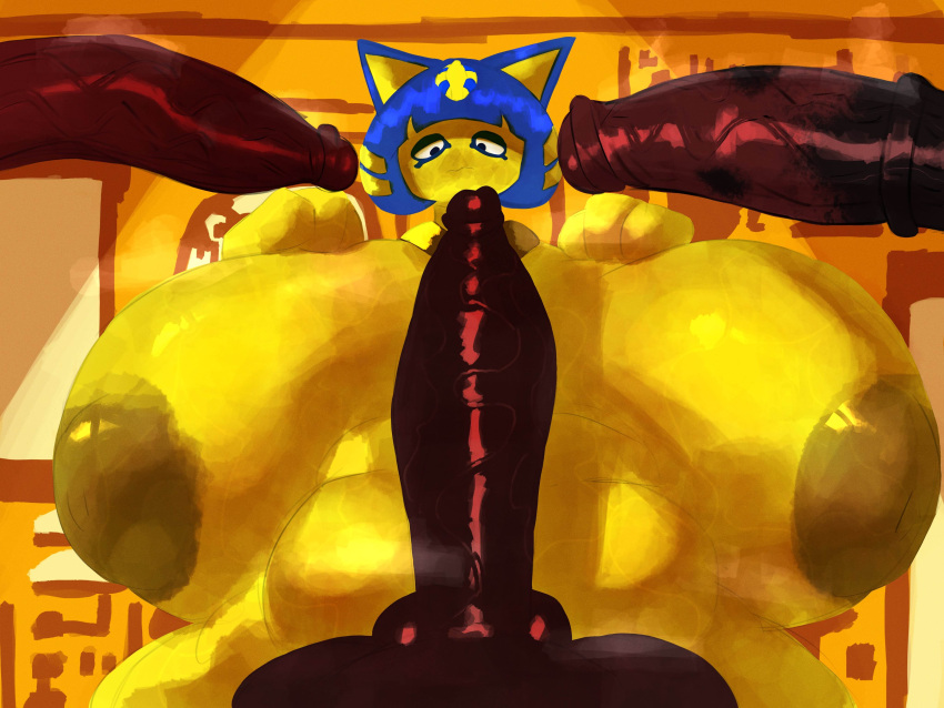1girl 3boys adawndraws animal_crossing ankha ankha_(animal_crossing) anthro anthro_female areola balls ballsack belly big_breasts big_hips big_penis big_thighs black_pupils blue_hair breasts cat_ears colored colored_background dark-skinned_male dark_penis dark_skin egyptian female foreskin foreskin_folds headgear headwear high_res high_resolution horse_penis horsecock huge_breasts huge_cock huge_hips huge_thighs imminent_gangbang imminent_sex looking_at_penis male naked_female nintendo nipples nude nude_female penis pudgy_belly short_hair staring_at_penis steam steaming_body steamy_penis stomach sweat sweatdrop sweating sweaty sweaty_body sweaty_breasts testicle tummy uncircumcised veiny veiny_penis voluptuous voluptuous_female yellow_areola yellow_body yellow_fur