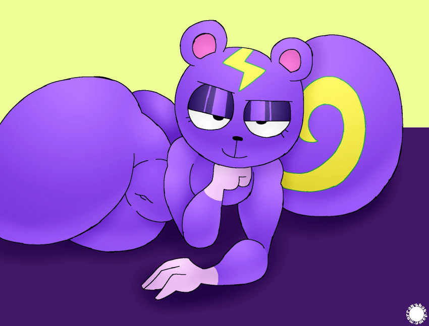 animal_crossing femboy furry green_background hand_on_chin lightning_bolt looking_at_viewer murontis2001 nintendo purple_background purple_fur rodent smile squirrel static_(animal_crossing) tail thatdawgmurray thick_thighs