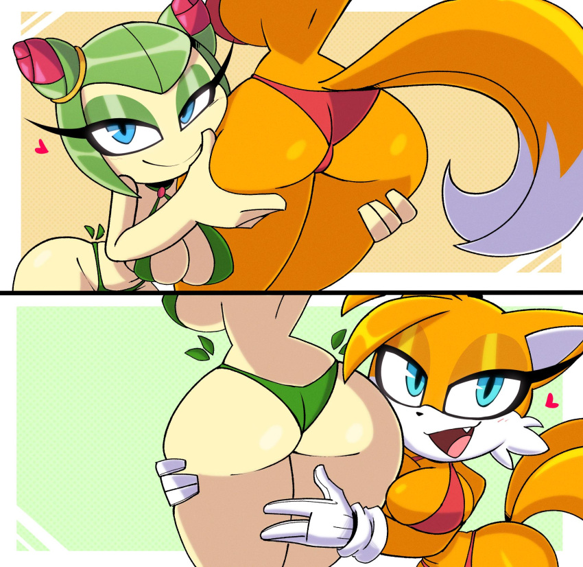 2d 2d_(artwork) 2girls 4kids_entertainment alien alien_girl alien_humanoid anthro anthro_female ass_focus ass_grab bikini bikini_bottom bikini_top blue_eyes breasts cosmo_the_seedrian elemental_creature eyelashes eyeliner eyeshadow female female/female female_only flora_fauna fox fox_girl furry furry_female genderswap genderswap_(mtf) gloves green_hair heart looking_at_viewer miles_"tails"_prower millie_tailsko nelljoestar plant_girl plant_humanoid seedrian sega shameless skimpy skimpy_bikini skimpy_clothes sonic_(series) sonic_the_hedgehog_(series) sonic_x swimsuit tail tms_entertainment white_body white_skin yellow_fur yuri
