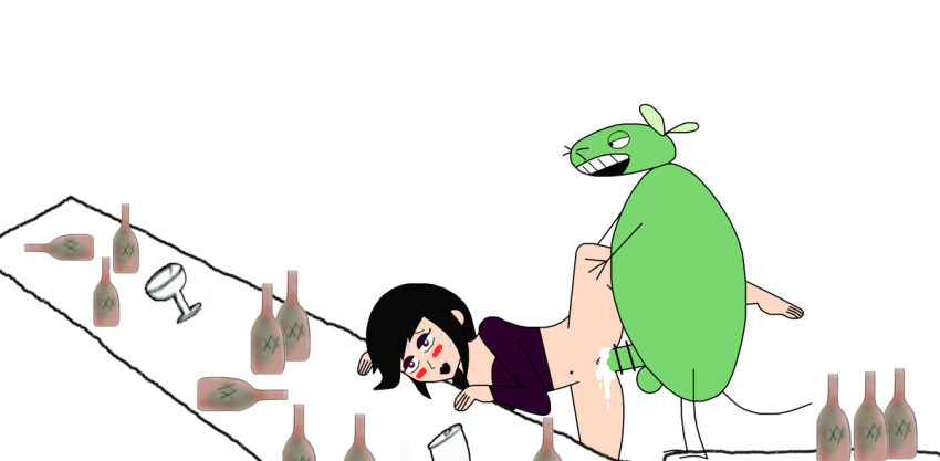12_oz_mouse 1boy 1girl adult_swim alcohol anthro barefoot black_hair blair_(iceprincess) blush bottle bottomless censored censored_penis clothed clothed_sex clothes_lift clothing cum cum_in_pussy cum_inside cup digital_media_(artwork) drinking_glass drunk female furry furry_on_human green_body green_fur human iceprincess_(artist) leg_lift leg_up lying male mouse mouse_fitzgerald murid murine navel on_side open_mouth penetration penis penis_in_pussy purple_eyes pussy rodent sex simple_background teeth testicles vaginal vaginal_penetration vaginal_sex white_background wine_bottle wine_glass