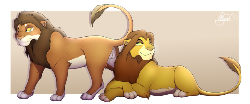 2boys animal_genitalia animal_penis anthro anthro_only black_hair brown_fur brown_hair character_request closed_mouth clyde_wolf clyde_wolf_(artist) disney genitals green_eyes half-closed_eyes hero lion looking_at_another male/male male_only mammal multiple_boys penis simba smile testicle the_lion_king the_lion_king_(1994_film) uncensored yaoi yellow_fur yellow_sclera