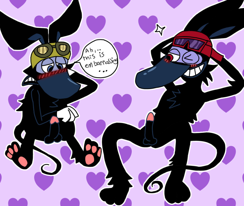 2boys anthro arms_behind_head barefoot black_fur blue_eyes blush chest_fur dialogue digital_media_(artwork) erection feet furry furry_male furry_with_furry gloves goggles goggles_on_head grin hat headwear les_ratz lying male male_only murid murine one_eye_closed paws penis purple_background rainbowcookiez_(artist) rapido_(ratz) rat razmo_(ratz) red_eyes rodent sitting smile solo speech sunglasses sunglasses_on_head tail teeth testicles text toe_beans traced traced_art xilam yaoi