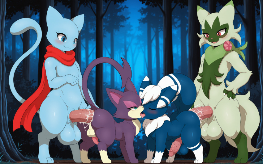2_tails 3_fingers 3_toes 5_fingers absurd_res ai_generated all_fours anal anal_penetration animal_genitalia animal_penis anthro anthro_on_feral anthro_penetrating anthro_penetrating_feral ass balls bestiality big_balls big_ears big_penis big_tail biped blue_body blue_eyes blue_fur blush blush_lines bodily_fluids claws closed_eyes cum cum_in_ass cum_inside cum_on_body cum_on_butt cum_on_penis eyelashes fangs feet felid feline feline_genitalia feline_penis feral feral_penetrated fingers floragato fluffy_(artist) fluffy_tail forest french_kissing fur generation_5_pokemon generation_6_pokemon generation_9_pokemon genital_fluids genitals green_body green_eyes green_fur group half-closed_eyes hand_on_butt hand_on_hip head_tuft high_res huge_balls huge_penis kissing long_ears long_tail looking_at_another looking_at_partner male male/male male_penetrated male_penetrating male_penetrating_male mammal meowstic mew_(pokemon) mouth_closed multi_tail narrowed_eyes neck_tuft night nintendo open_mouth open_smile paws penetration penile penile_penetration penile_spines penis penis_in_ass plant pointed_tail pokemon pokemon_(species) purple_body purple_fur purrloin quadruped red_eyes red_scarf scarf sex sheath shiny_pokemon smile smiling_at_partner snout standing tail tan_body tan_fur teeth toes tree tuft white_body white_fur yiff_ai_(director)