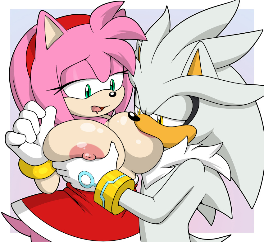 1boy 1girl amy_rose big_breasts breast_grab breast_squeeze female hedgehog male sega silver_the_hedgehog sonic_the_hedgehog_(series) sonicguru sucking_tits suckle