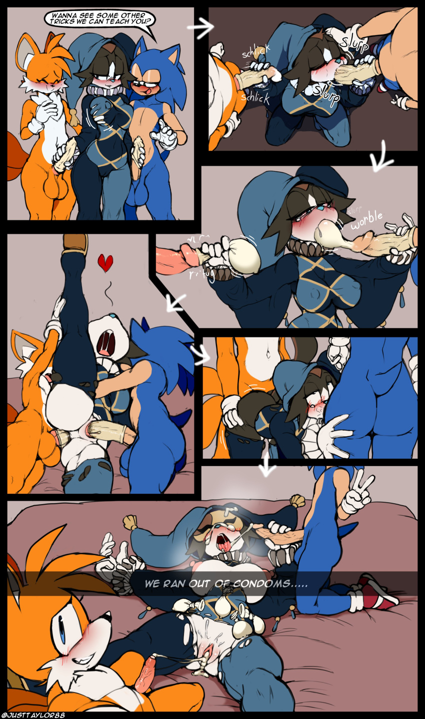 1girl 2boys absurd_res anal anal_penetration anthro anthro_on_anthro anthro_penetrated anthro_penetrating anthro_penetrating_anthro anthro_penetrating_female anus ass balls big_penis black_clothing black_hair blue_balls blue_body blue_clothing blue_eyes blue_fur blue_genitals blush bodily_fluids breast_grab breasts canid canine clothed clothing condom countershading cum cum_from_ass cum_from_vagina cum_in_ass cum_in_mouth cum_in_vagina cum_inside dialogue dipstick_tail double_penetration ejaculation english_text enjoying erection eulipotyphlan fellatio female female_anthro female_on_anthro female_penetrated filled_condom fingers fool's_hat footwear fox fucked_silly fur furniture genital_fluids genitals gesture gloves grabbing green_eyes group group_sex hair hand_gesture hand_on_breast handjob handwear handwear_and_footwear_only hat headgear headwear heart_symbol hedgehog high_res humanoid_genitalia humanoid_penis idw_publishing interspecies justtaylor kneel leaking leaking_cum looking_pleasured lunar_the_sugar_glider lying male male/female male_anthro male_on_anthro male_penetrating male_penetrating_anthro male_penetrating_female mammal markings miles_"tails"_prower mmf multicolored_body multicolored_fur multicolored_tail narrowed_eyes nipples nude one_leg_up open_mouth oral oral_penetration orange_body orange_fur orgasm penetration penile penile_penetration penis penis_in_ass penis_in_mouth penis_in_vagina pink_genitals pink_penis pointy_ears prick_ears raised_leg saliva sega sex sexual_barrier_device shoes smile soleil_the_sugar_glider sonic_(series) sonic_the_hedgehog sonic_the_hedgehog_(comics) sonic_the_hedgehog_(idw) sonic_the_hedgehog_(series) sound_effects spitroast spread_legs spreading tail tail_markings tails_the_fox tan_body tan_countershading tan_fur tan_genitals tears text threesome tongue tongue_out torn_clothing trio two_tone_body two_tone_fur v_sign vaginal vaginal_penetration vein veiny_penis vulva white_body white_countershading white_fur white_genitals yellow_body